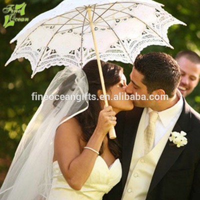 Romantic summer fancy cheap white fabric sun parasol lady lace umbrella for wedding